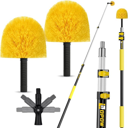 5-to-12 Foot Cobweb Duster with Extension Pole, Opow 20 Ft High Reach and 2 Replaceable Cleaning Washable Spider Web Brush Heads and Universal Joint Angle Adaptor Heavy Duty for Indoor & Outdoor Use