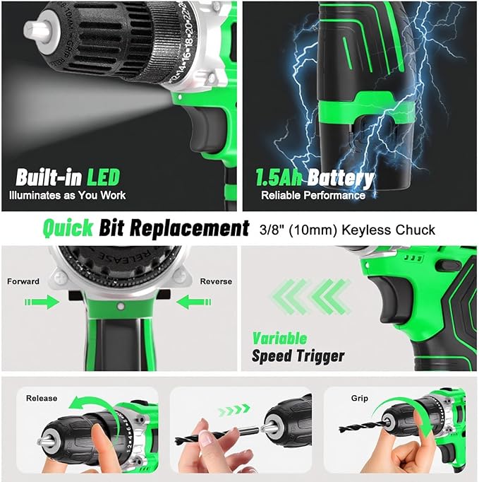 12V Cordless Power Drill Set, Electric Drill with Battery and Charger, 35pcs Acessories, 3/8"Keyless Chuck, 2 Variable Speed, 24+1 Position, Compact Drill Driver Kit for Home & DIY Project(green）