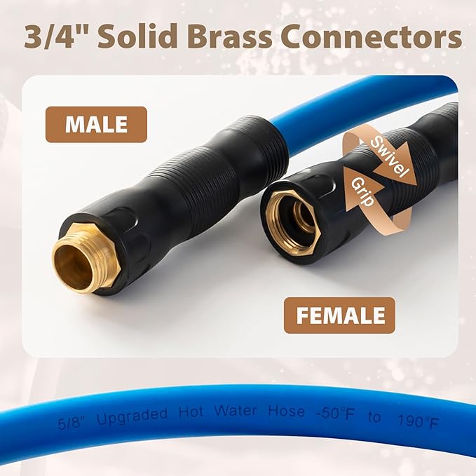 5/8" Hot/Cold Water Hose 75ft, -50℉ To 190℉ Heavy Duty,Flexible,Burst 600 Psi 3/4" Brass Fittings with Swivel Grip Handle for Outdoor,Yard, Farm, Blue