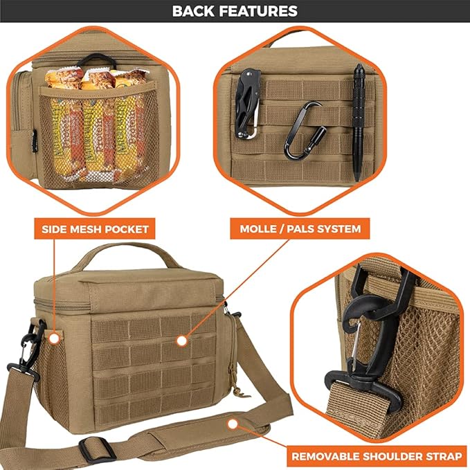 opux Tactical Lunch Box for Men, Tan Mens Insulated Lunch Bag for Adult, Leakproof Soft Lunch Cooler with MOLLE Mesh Side Pockets, Multicam Heavy Duty Lunchbox Pail for Work Women, Medium 10 Cans