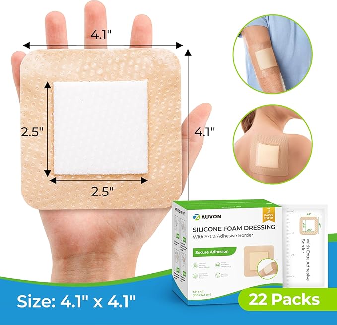 AUVON Silicone Foam Dressing with Large Adhesive Border, 4" x 4" 22 Packs Wound Dressing Bandage with High Absorbency, Waterproof Silicone Foam Pads for Wound Care & Protection Plus Cushioning