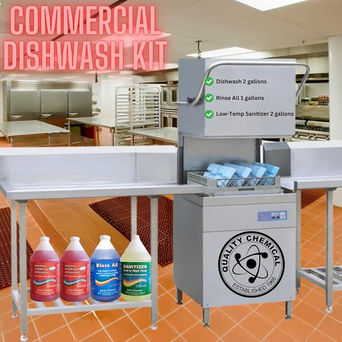 Quality Chemical Commercial Dishwashing Kit/4 Gallon Combo Pack - Dishwash (2 Pack), Rinse All (1 Pack), Chloro Guard Low Temp (1 Pack)/Food Grade Sanitizer for Restaurant Dishwasher Sanitizer