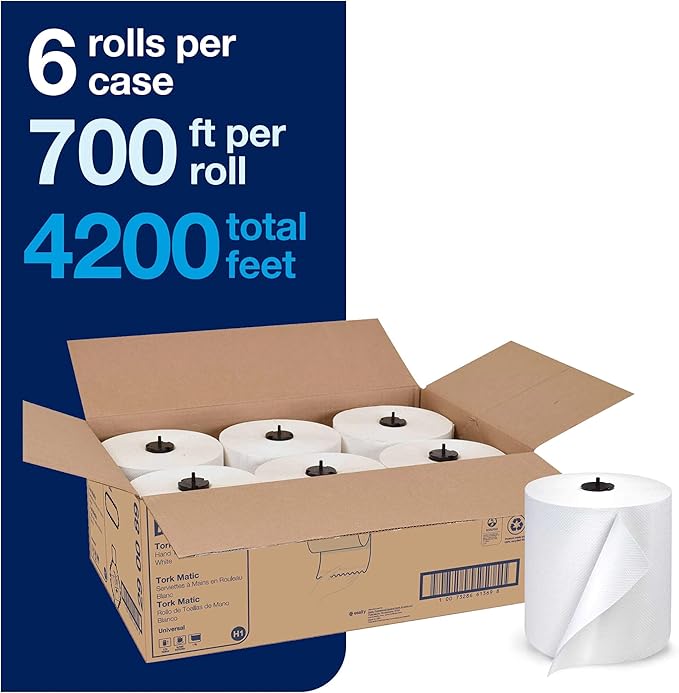 Tork Matic Paper Hand Towel Roll White H1, 6 Rolls x 700 ft, 290089 & Tork Matic Hand Towel Roll Dispenser, Black, Elevation, H1, One-at-a-Time dispensing with Refill Level Indicator, 5510282