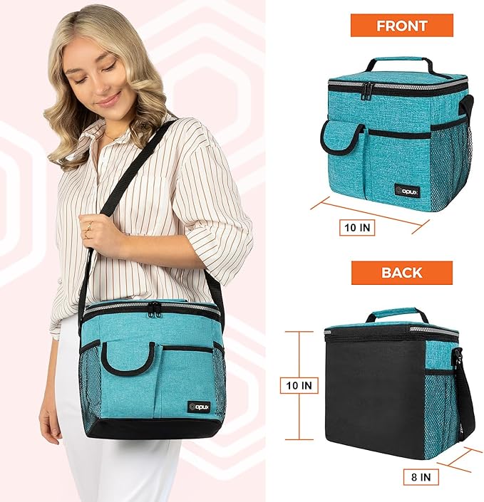 opux Insulated Lunch Bag for Men Women, Leakproof Sea Blue Lunch Box for Work, Portable Soft Lunch Cooler Bag with Shoulder Strap, Adult Lunchbox Lunch Pail for Kid Boy Girl School, 18 Can/10L