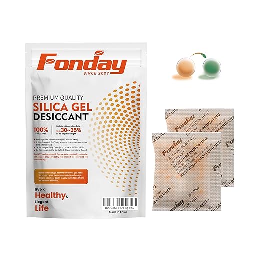 5g x 120 packs Fonday Rechargeable Silica Gel Desiccant Packets Food Grade Fast Reactivate Desiccant Bags Moisture Indicating Orange to Green