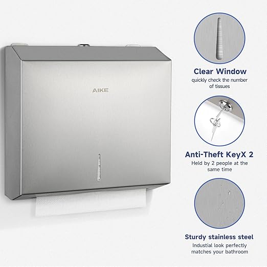 AIKE 250 Sheets Compact Multifold Wall Mount Paper Towel Dispenser,Stainless Steel Black AK5180 (Max Folded Size 10.6"x3.9")
