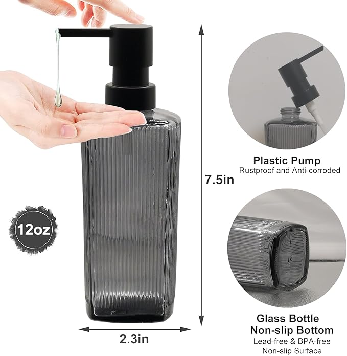 Grey Glass Soap Dispenser with Black Plastic Pump, 12oz Lotion Dish Dispenser, Refillable Liquid Hand Soap Dispenser for Modern Home Decor, Bathroom, Kitchen Countertop, Hotel