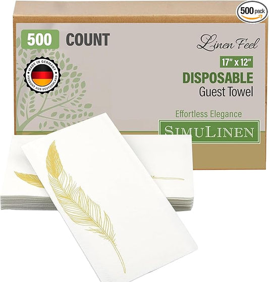 SimuLinen Decorative Gold Feather Design Paper Towels - Hand Towels for Bathroom - Cloth-Like, Linen-Feel for Guest Bathroom Essentials, Size: 12x17” (Pack of 500) Made in Germany