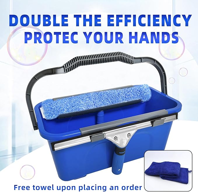 Squeegee with Shelf Storage for Window Cleaning,Window Cleaning Squeegee kit with Bucket&Microfiber Scrubber,Bathroom,Shower Doors,Mirrors,Tiles,and Car Windows Blue
