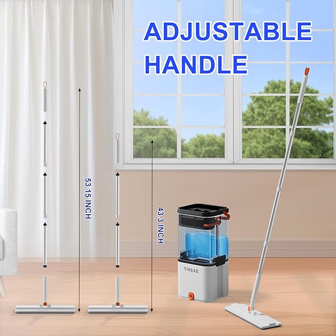 Mop and Bucket Set, Flat Mops and Bucket with Wringer Set System Automatic Separates Dirty and Clean Water, Wet and Dry Use Microfiber Mops for Wall Floor Cleaning (Mop Set with 2 Pads)