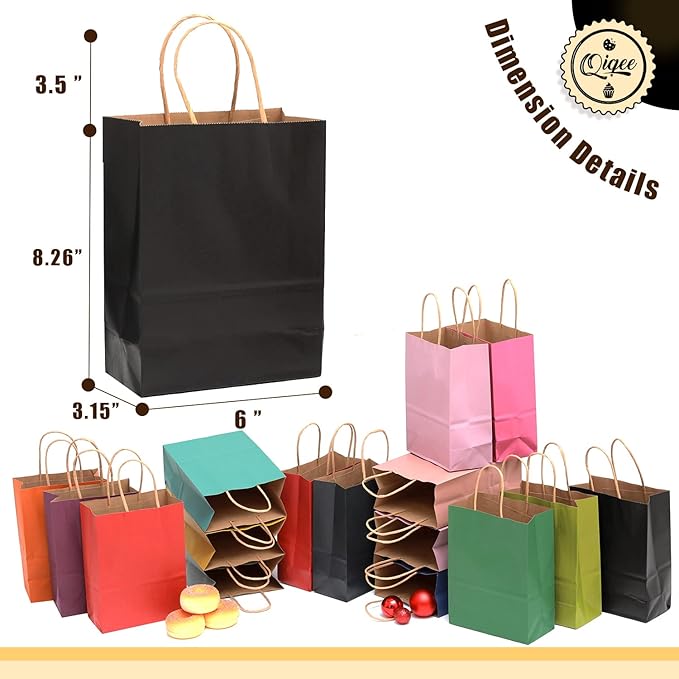 qiqee 100-Packs Paper Bags with Handles Bulk 8.26"×6"×3.15" Small Gift Bags 16 Different Senior Color Bags Multiple Uses（Small Size）