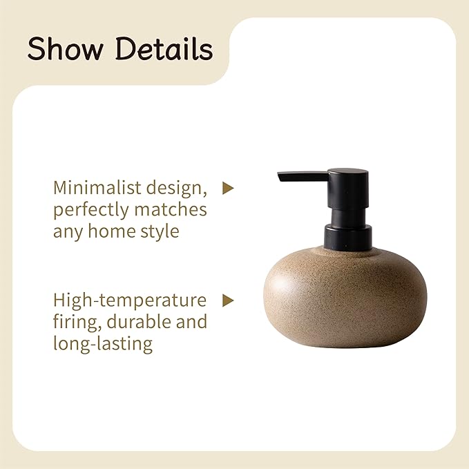 10oz Ceramic Hand Soap Dispenser, Elegant Liquid Soap Dispenser for Bathroom Countertop, Heavy & Sturdy Dish Wash SoapDispenser for Kitchen (Brown)