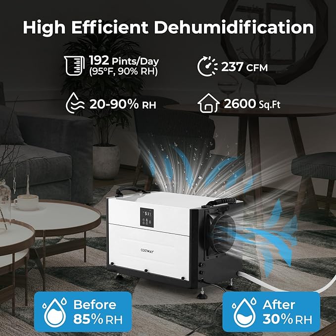 COSTWAY 192 PPD Commercial Dehumidifier, 2600 Sq.Ft Crawl Space Dehumidifier with 9.8 FT Drain Hose & Wired Remote Control Panel, Ideal for Basement, Warehouse, Job Site (White)