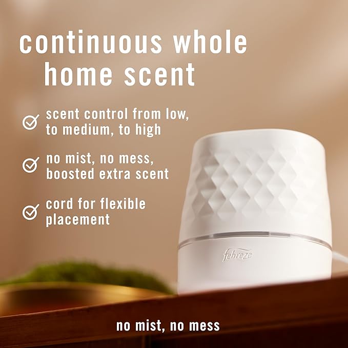 Febreze Plug Scent Booster Starter Kit, Oil Diffuser, Air Freshener Plug in, Continuous Scent Device + 2 Downy Calm Refills