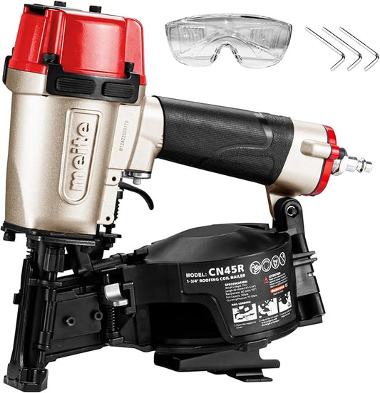 meite CN45R Roofing Nailer 15 Degree Professional Heavy Duty Pneumatic Coil Roofing Nail Gun, Tool-free Depth Dial & Dual Firing Modes for Asphalt Shingles Fencing, Accepts 7/8" to 1-3/4" Coil Nails