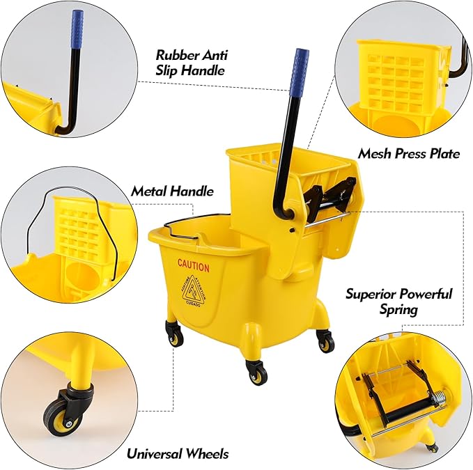 Mop Bucket with Side Press Wringer on Wheels, 24 L Side-Press Mop Bucket, Yellow