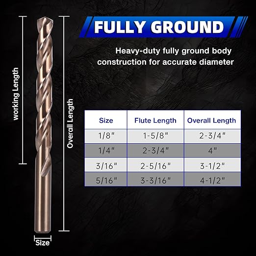 1/4 Inch Cobalt Drill Bit Set (10Pcs), M35 Fully Grounded 5% Cobalt Bits for Hardened Metals, Stainless Steel, Cast Iron and Wooden Plastics, with Storage Box