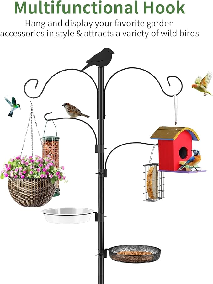 Bird Feeder Pole, 91in 4 Hook Bird Feeding Station Kit with Adjustable Shepherds Hooks, Birds Feeder for Outdoors with Pole 5 Prongs Base Attracting Wild Birds (ATR Deco, Black 91in)