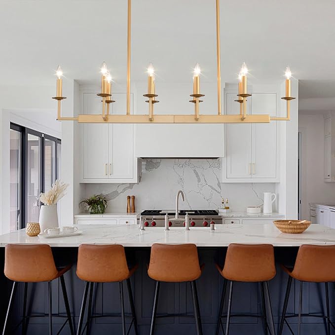 48-Inch Rustic Gold Linear Chandelier,Extra Long Candle Chandelier,Gold Light Fixture for Dining Room Living Room Kitchen Island, Modern Rectangular Chandelier(10-Light,Bulbs Not Included)
