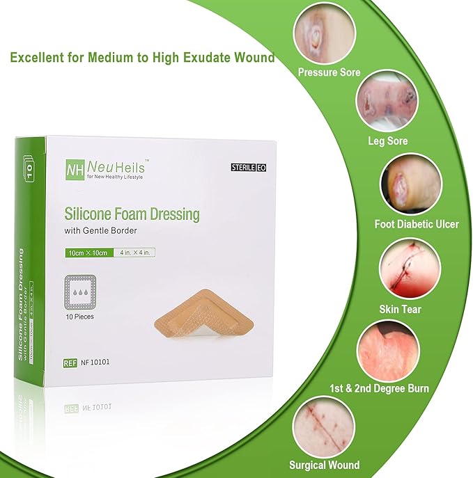 NeuHeils Silicone Adhesive Foam Dressing with Gentle Border 4''x4'' for Bed Sore Leg Ulcer 10 Pack, High Absorbency Waterproof Silicone Wound Bandage