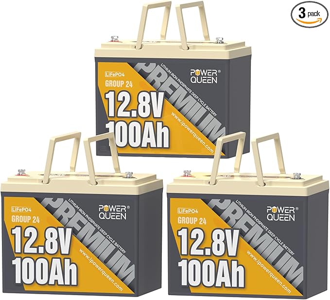 Power Queen 3PACK 12V 100Ah Group 24 LiFePO4 Battery, 1280Wh Lithium Battery with 100A BMS,Grade A Battery Cell, Perfect for Trailer RV, Marine, Solar Power System