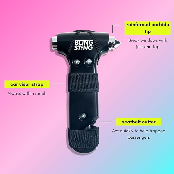 BLINGSTING Safety Hammer - Emergency Automotive Escape Tool with Window Breaker, Seat Belt Cutter & Adjustable Car Visor Strap - Tempered Glass Breaker - Steel Blade - Black (1 Count)