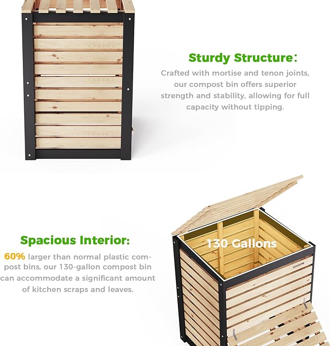 130 Gallon Solid Wood Composter, Outdoor Compost Bin with Pull-Out Door, Heavy Duty Composting Bin for Backyard, Garden, Patio, Natural