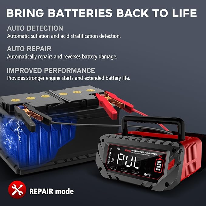40 AMP Car Battery Charger, 6V/12V/24V Lead-Acid, Lithium, LiFePo4 Smart Battery Charger, Large Screen Trickle Charger, Fully Automatic Chargers and Maintainer for Car, Motorcycle, Lawn Mower