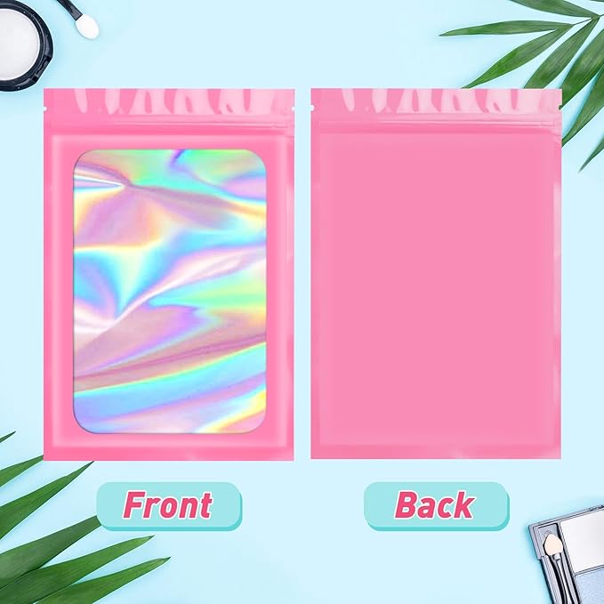 Funfery 300 Pack Smell Proof Resealable Bags for Food Storage,Holographic Bags 4x6 Pink Mylar Clear Packaging Bag- Scent Proof for Cookies, Zip Foil Pouch for Small Business