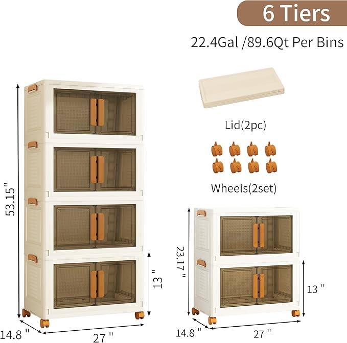 Plastic Stackable Storage Bins with Lids and Wheels, Foldable Closet Organizers and Storage Containers, Collapsible Clear Drawer Storage Cabinet with Doors Ivory White 537.6 QT