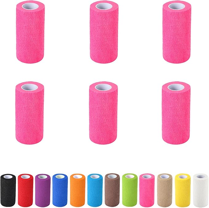 6 Pack Self Adhesive Bandage Wrap, 4 in x 5 Yards Non-Woven Self Adherent Cohesive Bandage, Vet Wrap Wound Tape for Thumb Finger Wrist Knee Ankle, Pink