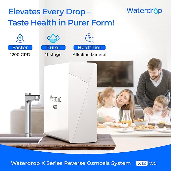 Waterdrop X12-Alkaline Mineral pH+ Reverse Osmosis System, NSF/ANSI 42&58&372 Certified, 1200 GPD RO Water Filter, 11-Stage Filtration Tankless RO System, 3:1 Pure to Drain, UnderSink, BPA Free