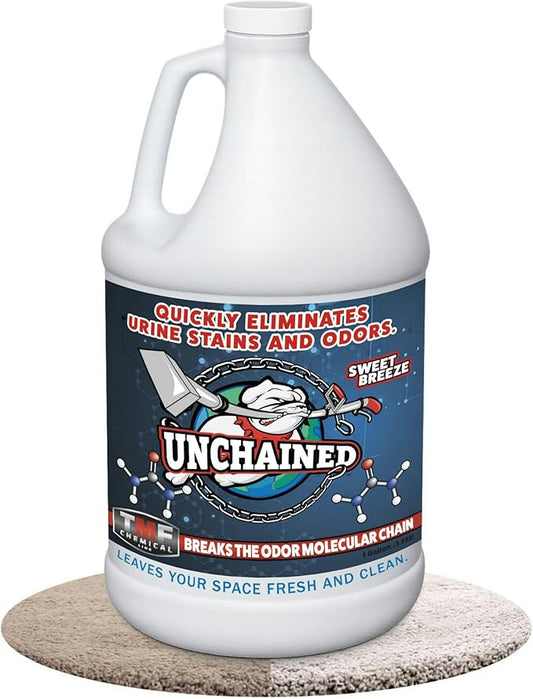 Unchained Urine Stain & Odor Remover Liquid Concentrate - Oxygen Based Odor Control Formula, Pet Smell Eliminator, Ideal for Carpets, Concrete, or Furniture, Sweet Breeze, 1 Gallon