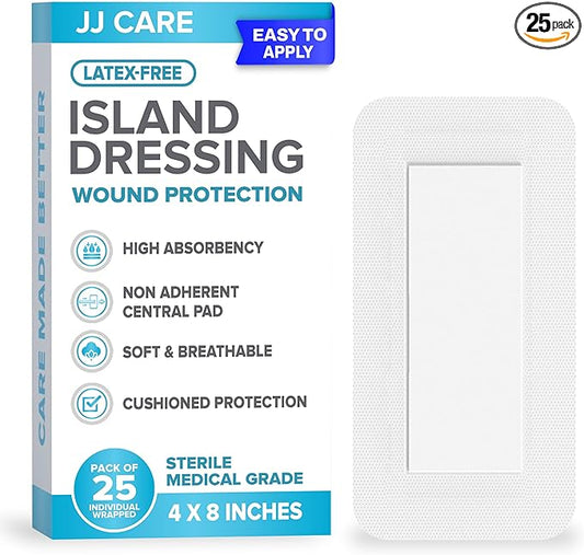 JJ CARE Adhesive Island Dressing [Pack of 25], 4” x 8” Sterile Bordered Gauze, Breathable Island Wound Dressing, Individually Wrapped Adhesive Gauze Bandages with Non-Stick Central Pad