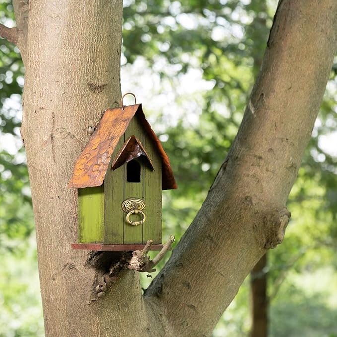 Glitzhome Bird Houses for Outside,10" H Rustic Wooden Bird House Garden Distressed Decorative Birdhouse for Outdoors, Hanging Birdhouse for Bluebird Hummingbird Wren Finch Cardinals Cedar