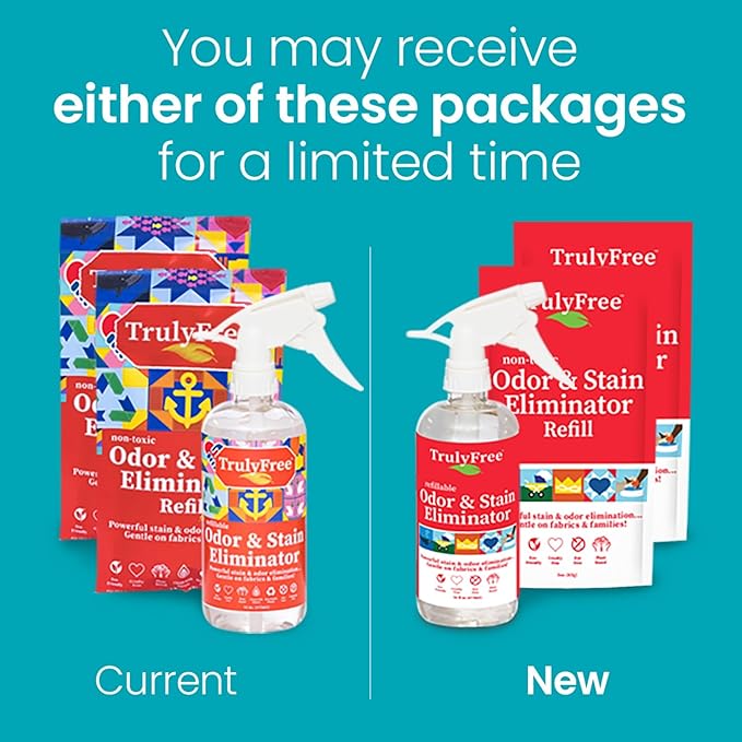 Truly Free Multi-Purpose Odor & Stain Eliminator, Pet Odor Eliminator for Home & Stain Remover for Carpet, Couch, Rugs & More, Upholstery Deodorizer, Includes 1 Empty Bottle Spray & 2 Refill (3 oz ea)