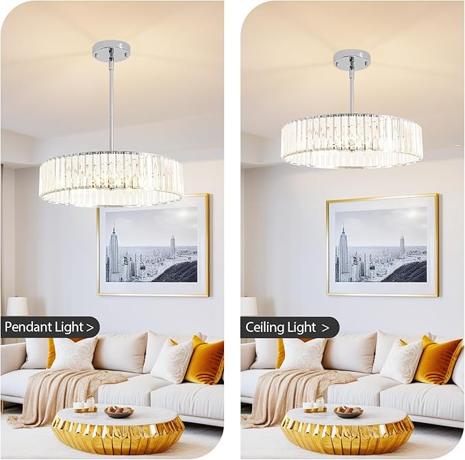 Modern Chrome Crystal Chandelier,20in Dinning Room Light Fixture,Round Kitchen Hanging Drum Pendant Lights,Semi Flush Mount Ceiling for Living Room Entryway Bedroom Foyer, 5-Light