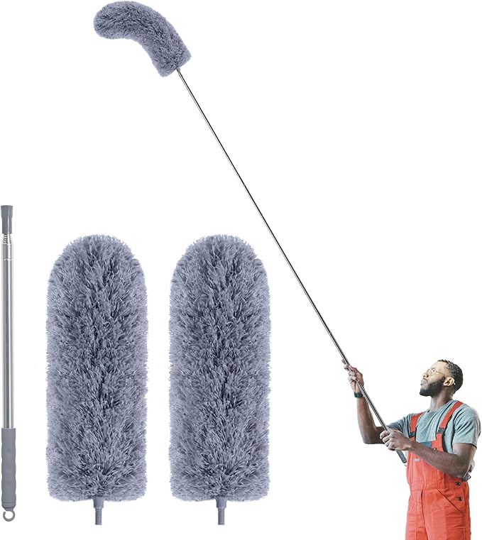 Duster with Extension Pole for Cleaning (2 Microfiber Heads Kit), 100" Long Feather Duster for High Ceilings with Washable Head, Cleaning Supplies for Housekeeping, Ceiling Fan, Furniture