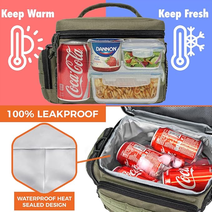 opux Tactical Lunch Box for Men, Olive Mens Insulated Lunch Bag for Adult, Leakproof Soft Lunch Cooler with MOLLE Mesh Side Pockets, Multicam Heavy Duty Lunchbox Pail for Work Women, Medium 10 Cans