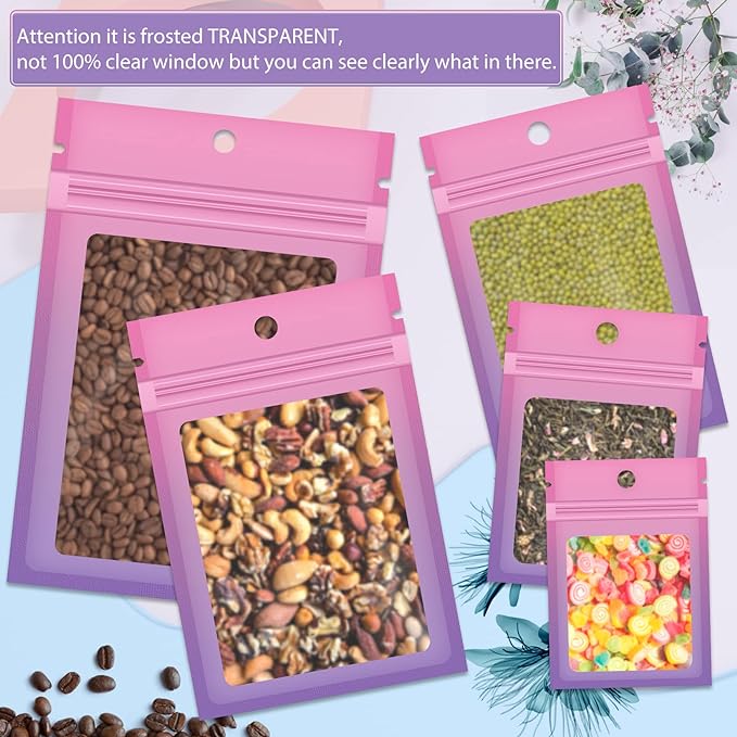 Funfery 100 Pcs Resealable Smell Proof Bags for Food Storage,Gradient Clear Cute Mylar Bags for Small Business Foil Pouch Zipper Packaging Bag for Sample Jewelry Eyelash Gloss(Pink Purple,3.1×4.7in)