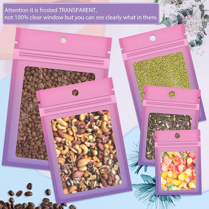 Funfery 100 Pcs Resealable Smell Proof Bags for Food Storage,Clear Cute Mylar Bags for Small Business Foil Pouch Zipper Packaging Bag for Sample Jewelry Eyelash Gloss(Pink Purple,5.9×8.6in)