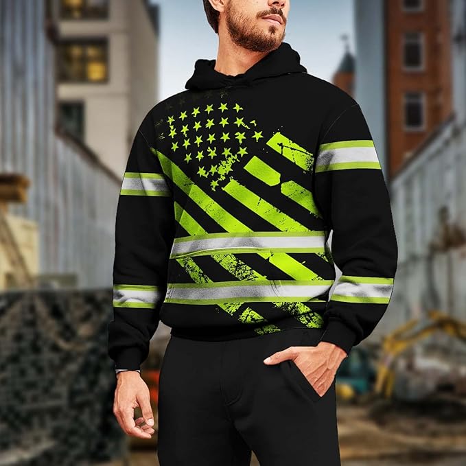Color US Flag High Visibility Hoodie for Men Women Reflective Tapes Safety Workwear for Worker Runner Patriotic