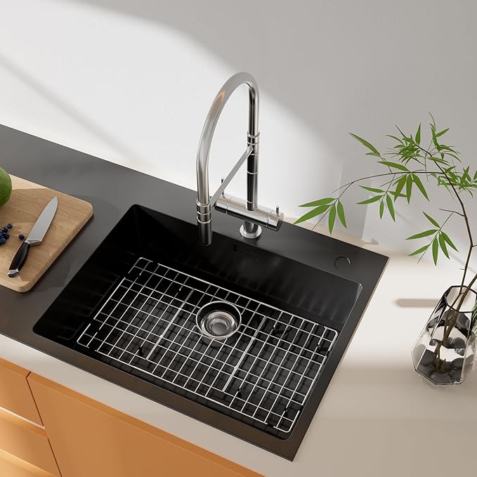 Stainless Steel Sink Rack 26.2" X 14.2",Sink Protector for Kitchen Sink,Sink Grate with Rear Drain Hole for Single Bowl,Metal Sink Grid for Bottom of Sink with Strainer,Corner Radius 0.4",1 Pack