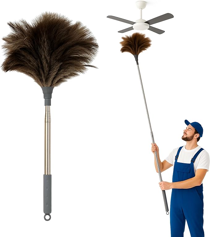 Extra Long Ostrich Feather Duster – 79" (2 m) Extendable Telescopic Handle, Natural Soft Feather Brush, Durable Reusable Cleaning Tool for Ceiling Fans, High Shelves, Furniture, Delicate Surfaces