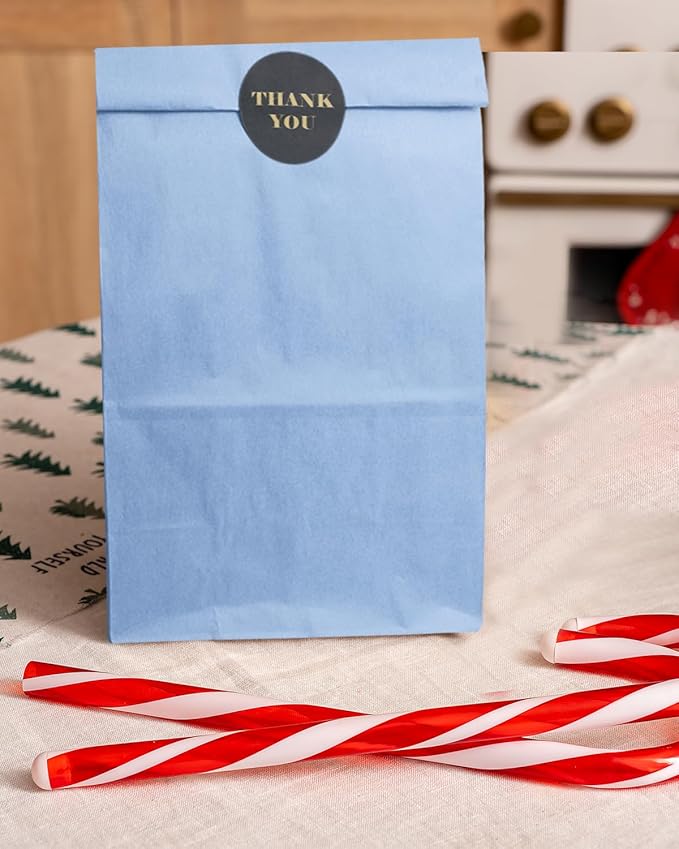Bakepacker 100 Pcs Light Blue Treat Paper Bags with 100 Stickers 5.1"x3.1"x9.4" Small Party Gift Bag Snack Bag without Handle
