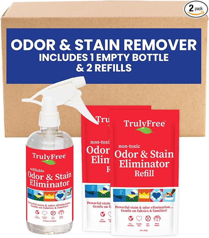 Truly Free Multi-Purpose Odor & Stain Eliminator, Pet Odor Eliminator for Home & Stain Remover for Carpet, Couch, Rugs & More, Upholstery Deodorizer, Includes 1 Empty Bottle Spray & 2 Refill (3 oz ea)