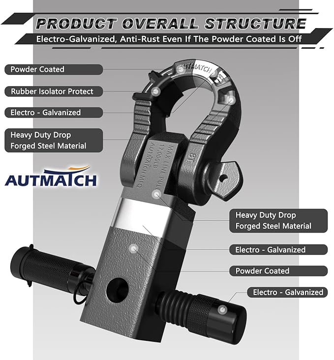 AUTMATCH Shackle Hitch Receiver 2" with 3/4" Mega D Ring Shackle and 5/8" Trailer Hitch Lock Pin, 68,000 Lbs Break Strength Heavy Duty Receiver Towing Kit for Off-Road Vehicle Recovery, Gunmetal Gray