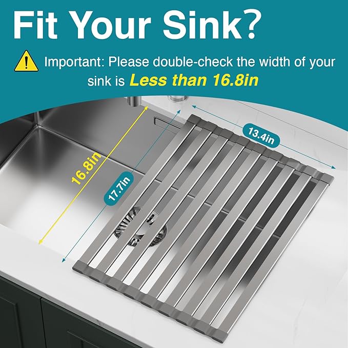 Rectangle Foldable Dish Drying Rack, Non-Slip Silicone Base, Over The Sink Aluminum Dish Drainer Rack for Kitchen Sink, Ideal for Drying Mat Easy to Store,17.7 x 13.4inch Matte Gray