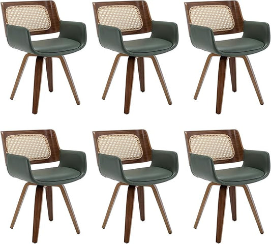 Set of 6 Dining Room Chairs with Arms - Swivel Cane Dining Chairs with Ergonomic Rattan Back, Walnut Bentwood Frame, Curved Arms, Versatile for Restaurant/Living Room/Kitchen (Walnut Green)