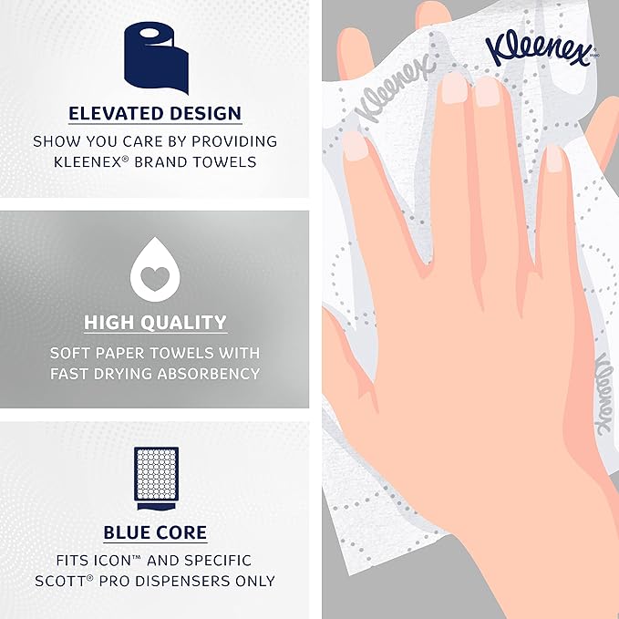 Kleenex Professional Hard Roll Paper Towels, Bulk (54471), Hardwound, Elevated Design, Premium Absorbency Pockets, White, for ScottBrand Blue Core Dispensers (6 Rolls at 500' Each, 3,000'/Case)